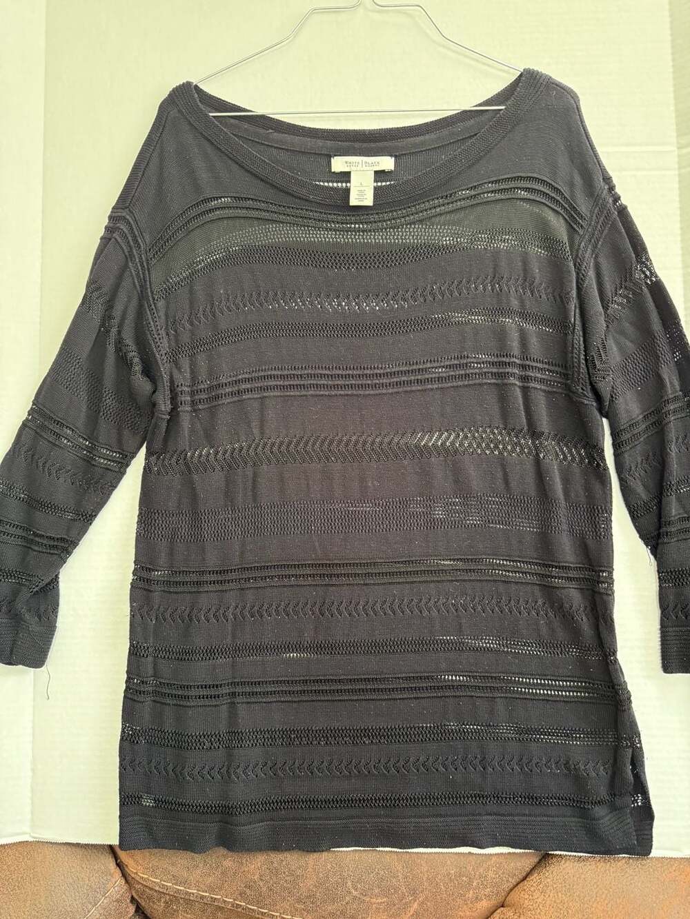 White House Black Market Black Striped Open Knit Boat Neck 3/4 Sleeve Sweater